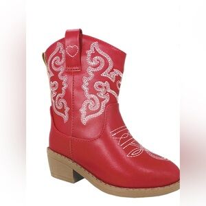Pawz Little and Big Girls Western Cowboy Boots Red with White Embroidery